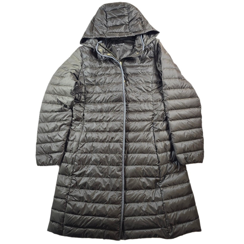 Cole Haan Down Puffer Coat Womens Medium Olive Green Hooded Long Signature
